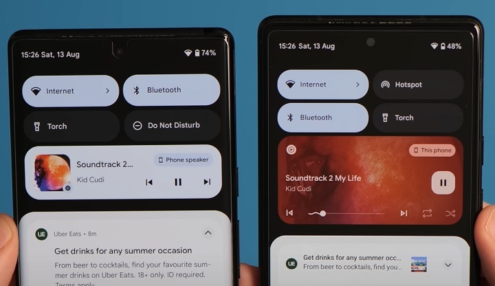 Po lewej odtwarzacz multimediów w Androidzie 12, a po prawej w „trzynastce”. Źródło: YouTube / 9to5Google - Android 13 - wszystko co trzeba wiedzieć o nowym systemie - dokument - 2022-09-28