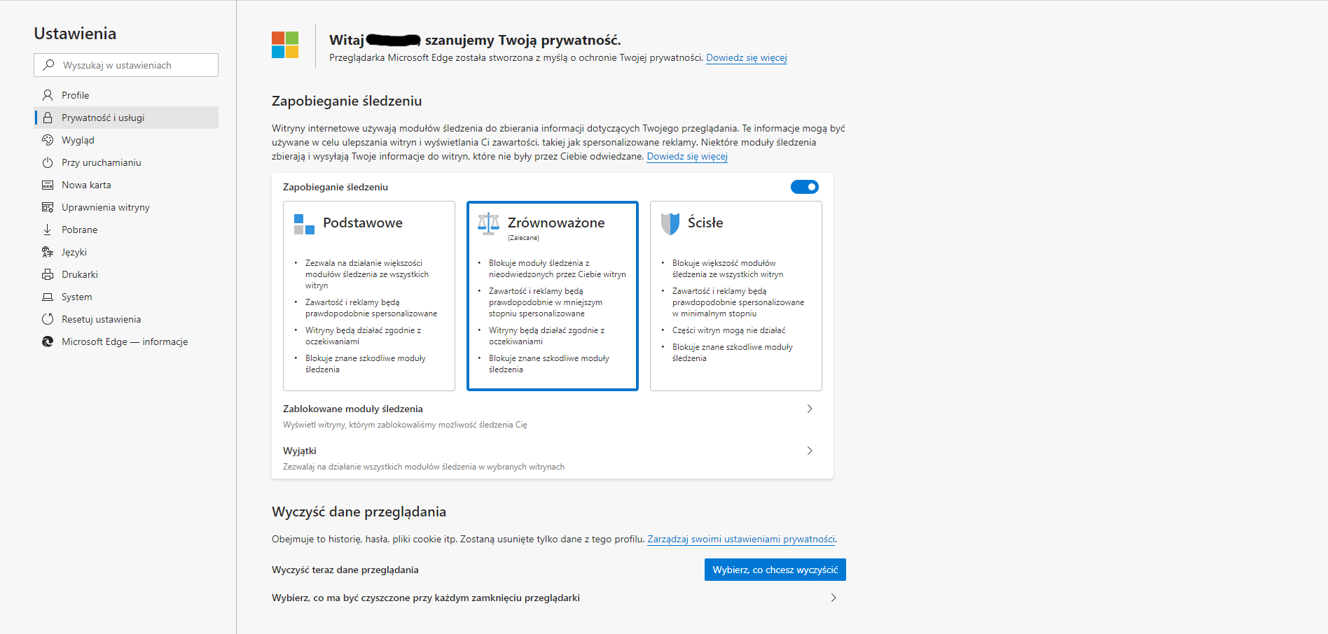 Ustawienia prywatności Microsoft Edge.