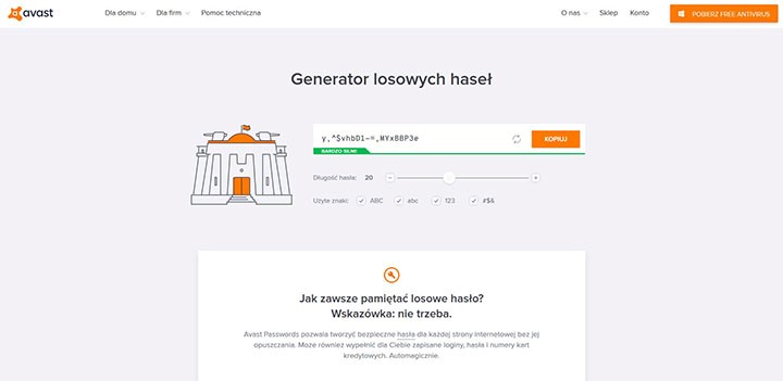 Generator od Avasta jest jeszcze bardziej intuicyjny, a potrafi tworzyć naprawdę silne hasła.