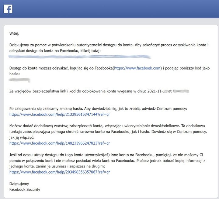 Po wysłaniu zdjęcia dowodu osobistego otrzymałem taką oto odpowiedź, ale nic nie działało. - Zatwierdzanie logowania i odzyskiwanie konta Facebook - droga przez mękę - dokument - 2021-11-29