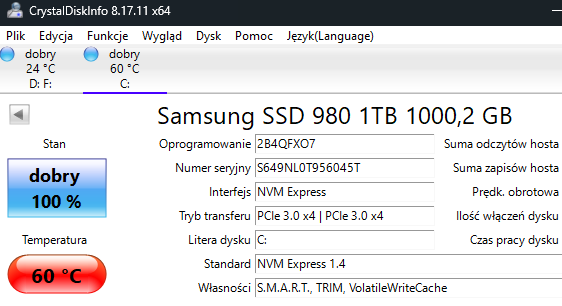 Pod obciążeniem dysk wskazywał mniej więcej 60 stopni Celsjusza, a w szczytowym momencie osiągnął 66 stopni.