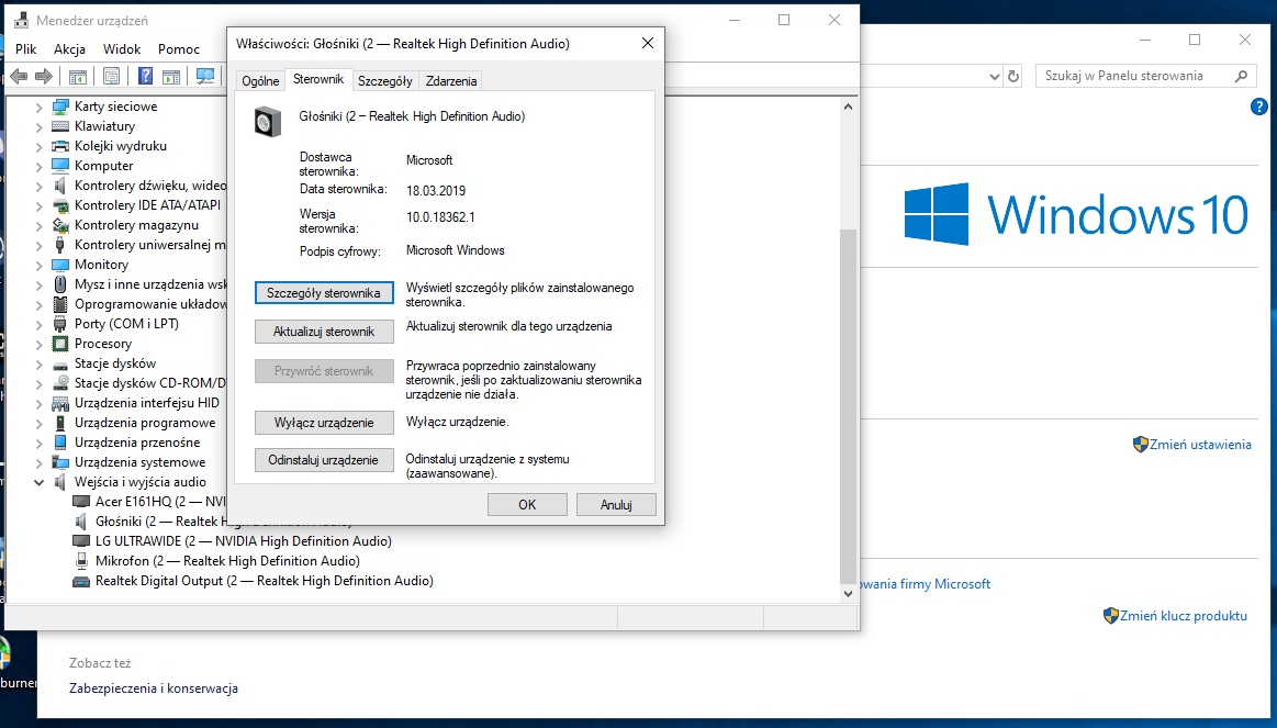 Opcja „Przywróć sterownik” bardzo często będzie niedostępna. - Brak dźwięku w Windows 10 - diagnostyka i rozwiązanie problemów - dokument - 2021-04-13
