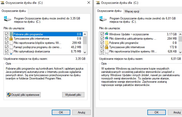 Ilość miejsca możliwa do zwolnienia na podstawowej liście i tej rozszerzonej. Różnica jest naprawdę spora i sięga ponad 100%. - Najlepsze sztuczki Windows 10 | TOP 10 - dokument - 2019-12-11