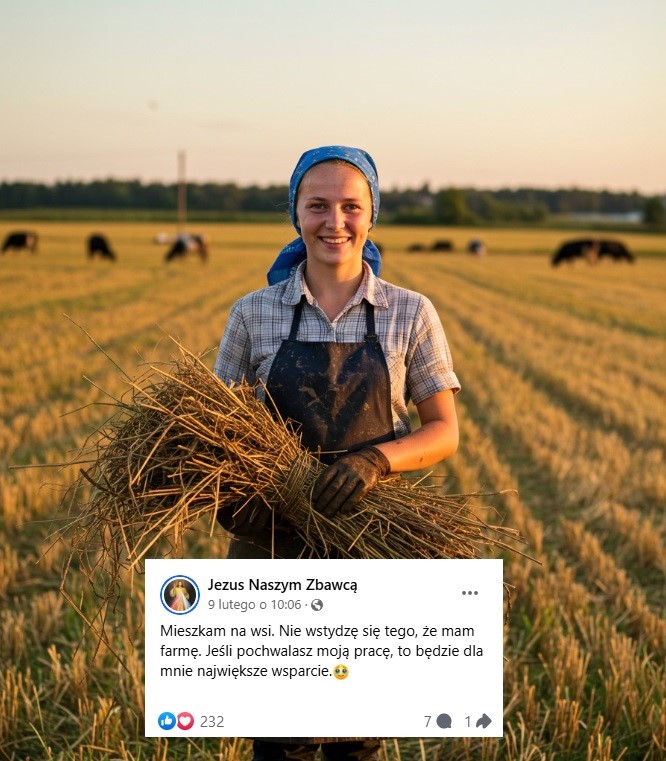 Combo wszystkiego, co ważne w takich obrazkach: młoda dziewczyna, prowokacyjne „nie wstydzę się tego, że mieszkam na wsi” i „Jezus naszym Zbawcą”. - Innego końca sieci nie będzie. Teoria martwego internetu - dokument - 2025-04-18
