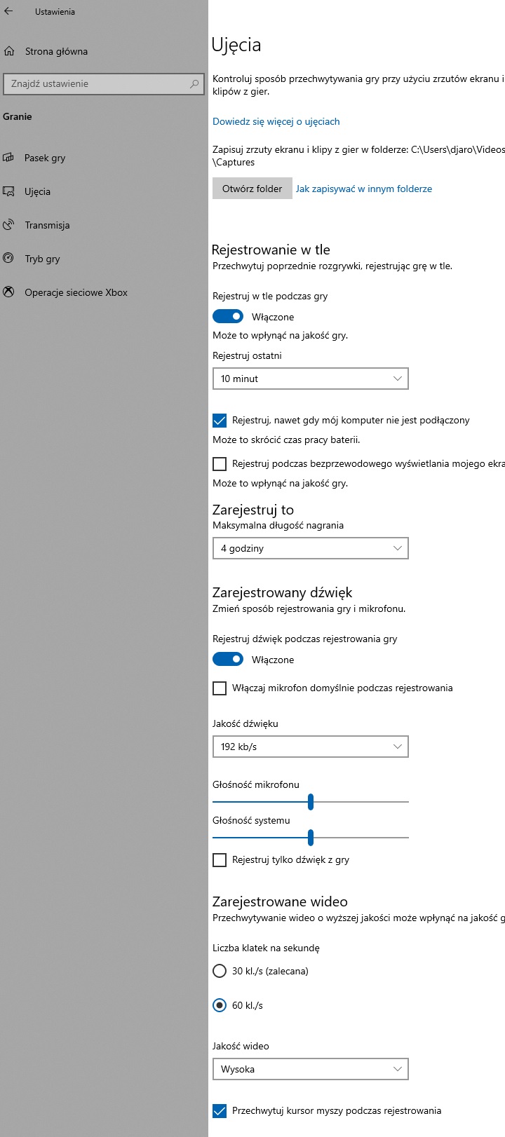 Ustawienia nagrywania. - Tryb i Pasek Gry – 5 świetnych funkcji Windows 10 dla graczy - dokument - 2019-09-12
