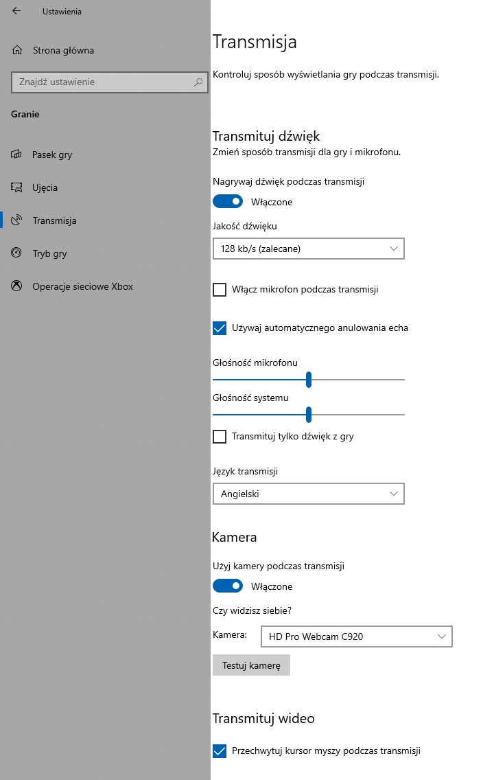 Ustawienia transmisji. - Tryb i Pasek Gry – 5 świetnych funkcji Windows 10 dla graczy - dokument - 2019-09-12