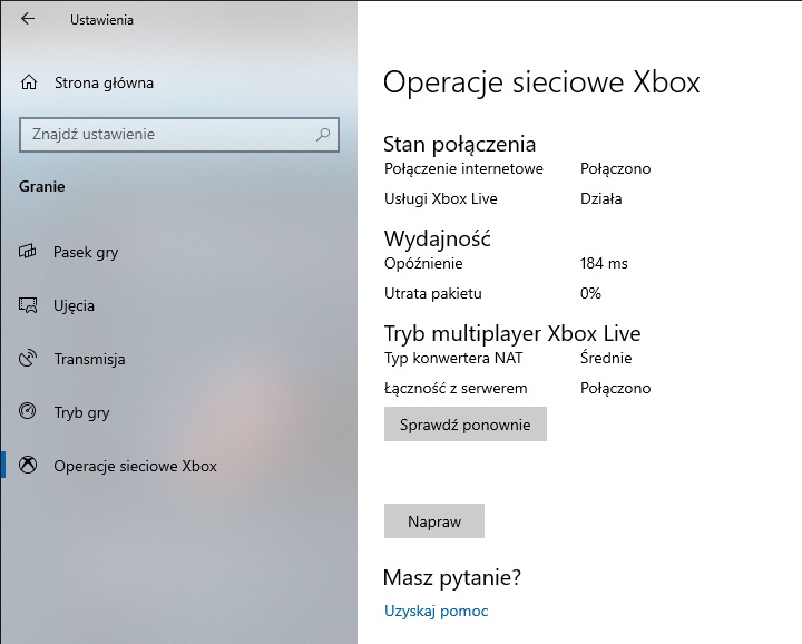 Tutaj możemy sprawdzić status usługi Xbox Live. - Tryb i Pasek Gry – 5 świetnych funkcji Windows 10 dla graczy - dokument - 2019-09-12