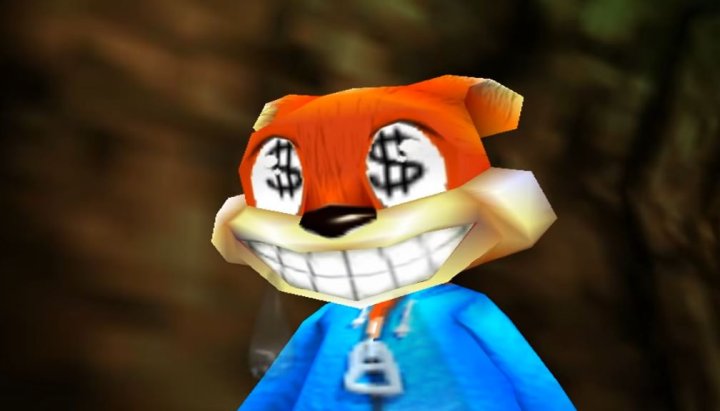 Każdy bohater platformówki 3D zbiera jakieś znajdźki – złote monety, jabłka czy diamenty. Conker nie kryje się z tym, że zależy mu na dolarach.