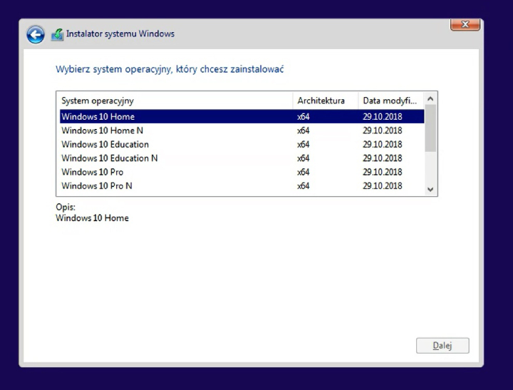 W przypadku, kiedy nie mamy jeszcze zakupionej licencji lub chcemy aktywować system po instalacji, zaznaczamy opcję „Nie mam klucza produktu” i wybieramy wersję Windowsa, którą chcemy zainstalować na naszym komputerze (jeśli w poprzednim kroku wpiszemy klucz licencyjny to instalator sam wybierze odpowiednią dla niego wersję). - Jak zainstalować Windows 10 i Windows 11 z pendrive USB - dokument - 2022-07-29