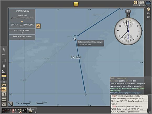 Po otrzymaniu od BdU meldunku radiowego dotyczącego przepływającego w pobliżu kontaktu i wyrysowaniu sobie jego przypuszczalnego kursu należy tak ustawić punkt nawigacyjny U-Boota, by czas na dotarcie do waypointu pokrywał się z czasem, który zabierze dotarcie do tego samego punktu nieprzyjacielowi. - Dodatkowe uwagi (1) | Torpedowanie łajb | Silent Hunter 5 Bitwa o Atlantyk - Silent Hunter 5: Bitwa o Atlantyk - poradnik do gry