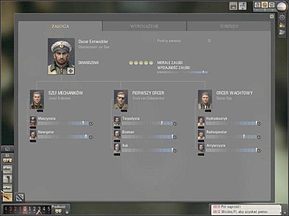 Ekran załogi U-Boota. To tylko oficerowie i podoficerowie, w rzeczywistości w ciasnych przedziałach U-Boota gnieździło się ponad 40 chłopa. - Informacje ogólne | Podnoszenie kwalifikacji załogi | Silent Hunter 5 - Silent Hunter 5: Bitwa o Atlantyk - poradnik do gry