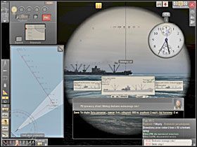 Kiedy kurs celu jest wytyczony na mapie możemy określić kąt biegu wbijając nóżkę kątomierza w punkt na kursie celu, następnie w aktualną pozycję celu, i w końcu w pozycję OP. - Wyliczenie kąta biegu | Torpedowanie łajb | Silent Hunter 5 Bitwa o Atlantyk - Silent Hunter 5: Bitwa o Atlantyk - poradnik do gry