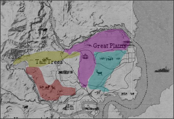 Na mapie zaznaczone zostały lokalizacje zwierząt potrzebnych do ukończenia Wyzwania Tropiciela - Mapy | Wyzwania | Osiągnięcia | Red Dead Redemption - Red Dead Redemption - poradnik do gry