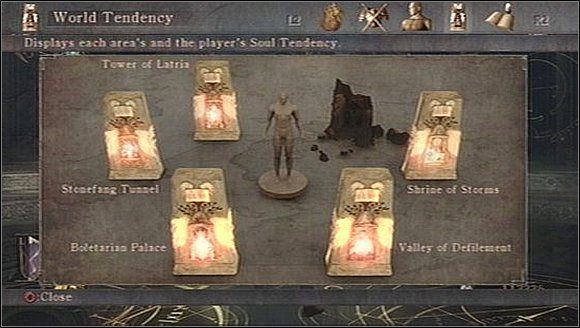Powyższe elementy możemy sprawdzić na jednym z ekranów interfejsu (obrazek powyżej) - Demons Souls: Tendencje / stany bohatera i światów - Demons Souls - poradnik do gry