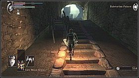 Zanim wyjdziemy na powietrze tunelem po drugiej stronie pomieszczenia, zaglądamy na lewą stronę komnaty - jest tam zejście w dół - Demons Souls: Boletarian Palace - Phalanx Archstone (1) - solucja - Demons Souls - poradnik do gry