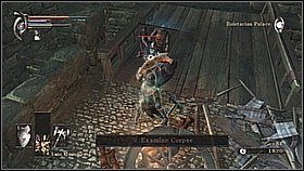 Biegniemy z przyspieszeniem tuż za smokiem i pod koniec ścieżki zwalniamy (nie używamy przyspieszenia), żeby podładować Staminę - szybko atakujemy trzech kuszników (żeby się nie wycofali) - Demons Souls: Boletarian Palace - Phalanx Archstone (2) - solucja - Demons Souls - poradnik do gry