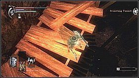 Z górnej części pomieszczenia (tam gdzie rozwaliliśmy skrzynie) zaglądamy w dół i szukamy pod nami drewnianej platformy - Demons Souls: Armor Spider Archstone - Prawy korytarz - solucja, opis przejścia - Demons Souls - poradnik do gry