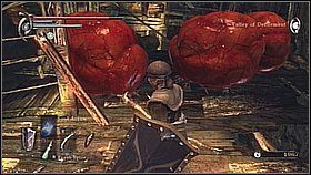 Gdy spróbujemy przejść do miejsca, którego bronił duży goblin spadną kamienie i zniszczą drabinę po lewej - Demons Souls: Valley od Defilement - solucja, opis przejścia - Demons Souls - poradnik do gry