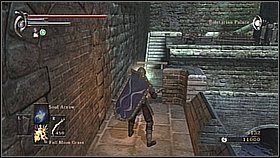 Stąd wchodzimy na mur po drabinie [1] i później przechodzimy po drewnianym balkonie - Demons Souls: Tower Knight Archstone (1) - solucja, opis przejścia - Demons Souls - poradnik do gry