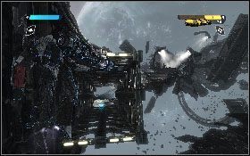 Odeprzyj kolejny atak Autobotów [1], a następnie wskocz na opuszczone ramię dźwigu i przeskocz na fragment zniszczonego mostu [2] - - Część 1 - Ciemny Energon (4) - Opis przejścia - Transformers: Wojna o Cybertron - poradnik do gry