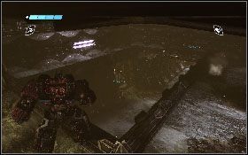 Na końcu tunelu zniszcz kolejną barierę [1], a potem zeskocz do korytarza znajdującego się poniżej [2] - - Część 7 - Ucieczka z więzienia Kaon (1) - Opis przejścia - Transformers: Wojna o Cybertron - poradnik do gry