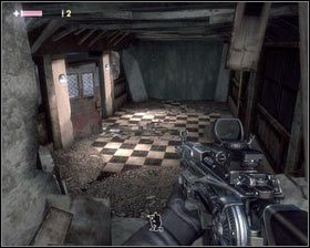 Zebrawszy wszystko, przechodzimy przez dziurę w ścianie do pokoju obok [1], gdzie czeka na nas towarzysz z helikoptera [2] - - Dzielnica Robotnicza (5) | Opis przejścia Singularity - Singularity - poradnik do gry