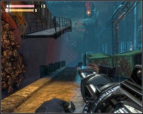 Żeby wejść na pokład, biegniemy wzdłuż dziury w nabrzeżu [1], aż do wiszącej przy burcie kładki [2] - - Doki centralne (2) | Opis przejścia Singularity - Singularity - poradnik do gry