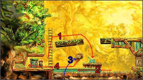 Wyjdź po drabinie i zeskocz w dziurę, lądując przy dźwigni - The Ground Beneath Her Feet | World 3 | Braid - Braid - poradnik do gry