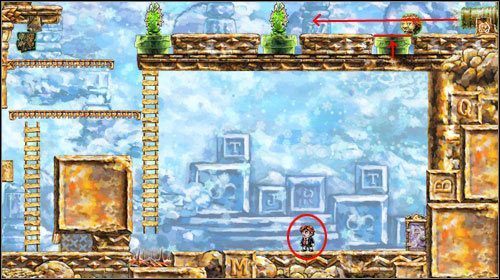 Zeskocz na prawo w oznaczone miejsce na obrazku - roślina po prawej będzie schowana - Movement By Degrees | World 4 | Braid - Braid - poradnik do gry