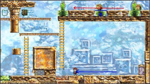 Odczekaj aż stwór przejdzie po pierwszym kanale, po czym cofnij czas do momentu gdy będziesz tuż pod drabiną, a druga roślina będzie schowana - Movement By Degrees | World 4 | Braid - Braid - poradnik do gry