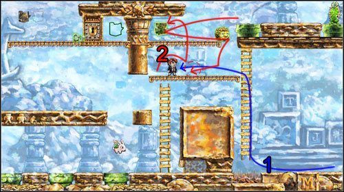 Ponownie cofnij czas , tym razem do momentu gdy znajdowałeś się na platformie, tuż pod puzzlem - Movement By Degrees | World 4 | Braid - Braid - poradnik do gry