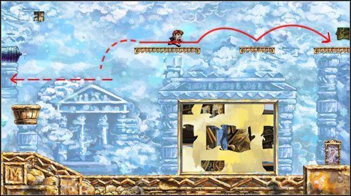 Biegnij po niej w prawo i ponownie będąc już na samym skraju wykonaj skok lądując na platformie - Movement, Amplified | World 4 | Braid - Braid - poradnik do gry