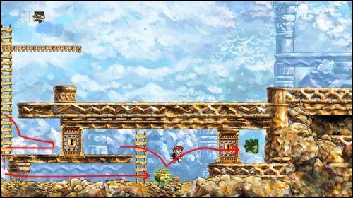 Gdy z armaty zostanie wystrzelony kolejny stwór, podniesie on klucz i po krótkiej chwili zjawi się tuż przy Tobie - Fickle Companion | World 4 | Braid - Braid - poradnik do gry