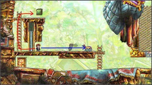 Wyjdź po drabince i udaj się na lewo, zatrzymaj się tuż obok blokady - So Distant | World 5 | Braid - Braid - poradnik do gry