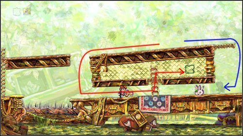 Udaj się w prawo, przeskocz przez dziurę i zeskocz na dół z drugiej strony, podbiegnij do kwiatka, z którego wyrośnie królik - ucieknij na prawo i pokręć się tam przez chwilę - Trzecie drzwi | World 5 | Braid - Braid - poradnik do gry