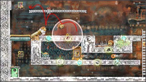 Udaj się w prawo, wyjdź po drabinie uważając na ogniste kule, po czym skręć i idź w lewo - Cascade | World 6 | Braid - Braid - poradnik do gry