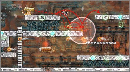 Ponownie udaj się na górę, tym razem aktywując kulę spowalniającą czas na krawędzi, dzięki czemu po odbiciu się od stwora dolecisz na platformę po lewej - Cascade | World 6 | Braid - Braid - poradnik do gry