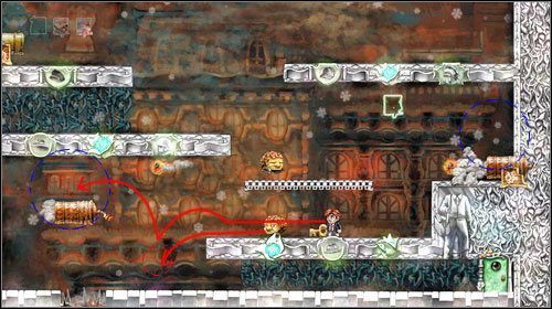 Wykonaj raz jeszcze wszystko co w pierwszy akapicie: zeskocz na platformę niżej i omijając ogniste kule wskocz na armatę - Cascade | World 6 | Braid - Braid - poradnik do gry