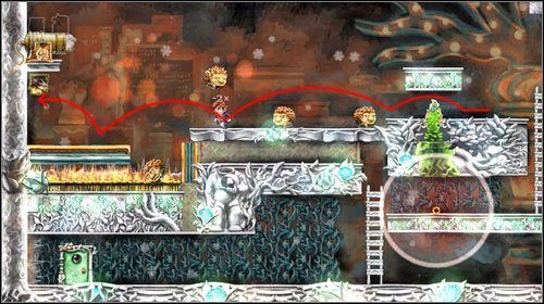 Kidy poziomej platformie nie zagrać już będzie blokada, dezaktywuj kulę i udaj się w prawo, wyjdź po drabince i ponownie aktywuj kulę spowalniającą czas tuż pod kanałem z rośliną - Impassable Foliage | World 6 | Braid - Braid - poradnik do gry