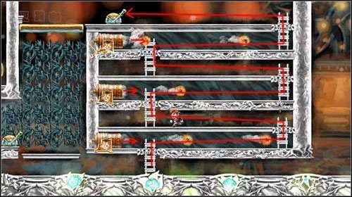 Udaj się w prawo, wyjdź po drabince - musisz przebrnąć przez kule ognia wdrapując się na samą górę - Elevator Action | World 6 | Braid - Braid - poradnik do gry