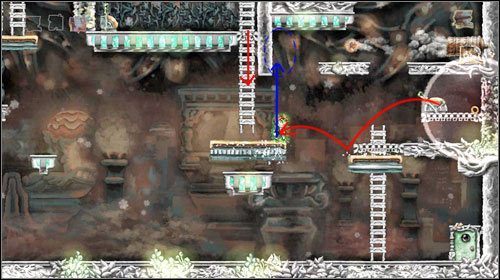 Biegnij na prawo, wyjdź po drabinie i wskocz na platformę z dźwignią - Elevator Action | World 6 | Braid - Braid - poradnik do gry