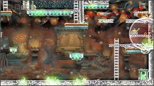 Kiedy już znajdziesz się na górze przeskocz na platformę, a następnie na armatę, and którą jest puzzel - Elevator Action | World 6 | Braid - Braid - poradnik do gry