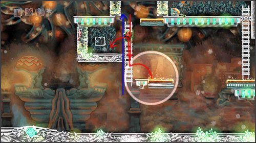 Wbiegnij po drabinie na górę i przełącz dźwignię - drabina po lewej po chwili opuści się na dół - Elevator Action | World 6 | Braid - Braid - poradnik do gry