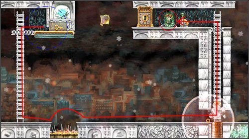 Wbiegnij na górę po drabinie - tuż obok klucza aktywuj kulę spowalniającą czas i odczekaj kilka chwil, po czym ją dezaktywuj - In Another Castle | World 6 | Braid - Braid - poradnik do gry