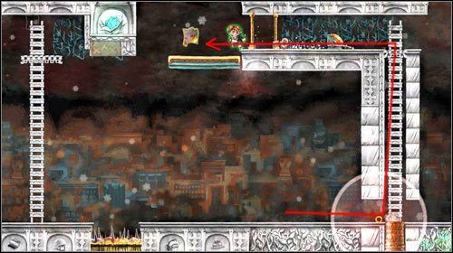 Raz jeszcze ustaw kulę spowalniającą czas przy armacie i wdrap się na górę - In Another Castle | World 6 | Braid - Braid - poradnik do gry