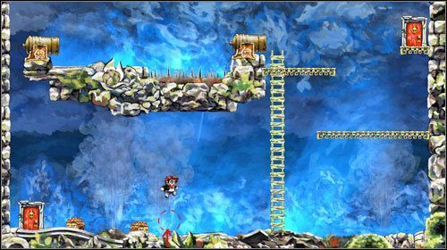 Ponownie musisz ożywić stwora w identyczny sposób - naskakując na niego w miejscu, gdzie wylatuje z dołu - Trzecie drzwi | World 1 | Braid - Braid - poradnik do gry