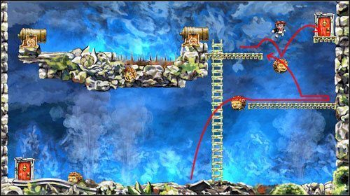 Czym prędzej wyjdź po drabinie na samą górę, i kiedy tylko stwór zacznie wznosić się w powietrze odbij się od niego przeskakując na platformę z drzwiami - Trzecie drzwi | World 1 | Braid - Braid - poradnik do gry