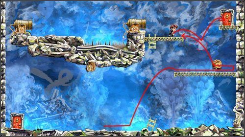 Gdy tylko pojawi się drugi stwór użyj go by przedostać się na prawo do drzwi - Drugie drzwi | World 1 | Braid - Braid - poradnik do gry