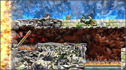 Raz jeszcze stań przy platformie i odczekaj na ruch księżniczki - może być gorąco, gdyż platforma bardzo wolno opada - Braid | World 1 | Braid - Braid - poradnik do gry