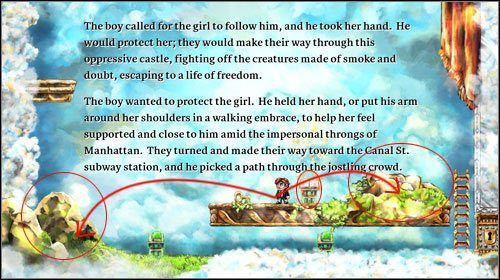 Po otwarciu czerwonej książki przejdź za kamień - ten po prawej (masz bliżej) bądź zeskocz za ten po lewej (postaraj się nie zeskoczyć na zieloną książkę) - Epilog | World 1 | Braid - Braid - poradnik do gry